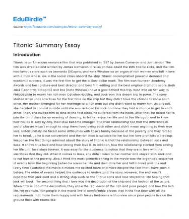 Titanic’ Summary Essay