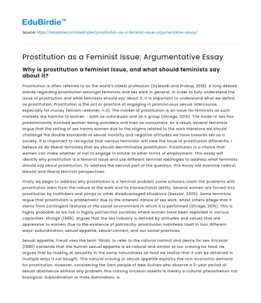 Prostitution as a Feminist Issue: Argumentative Essay