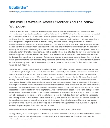 The Role Of Wives In Revolt Of Mother And The Yellow Wallpaper