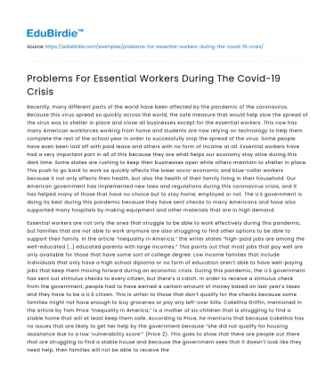 Problems For Essential Workers During The Covid-19 Crisis