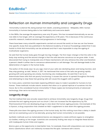 Reflection on Human Immortality and Longevity Drugs
