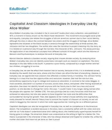Capitalist And Classism Ideologies In Everyday Use By Alice Walker