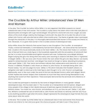 The Crucible By Arthur Miller: Unbalanced View Of Men And Women