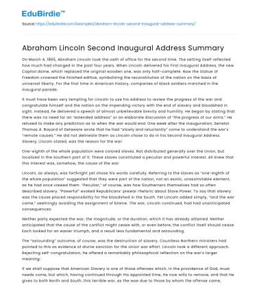 Abraham Lincoln Second Inaugural Address Summary
