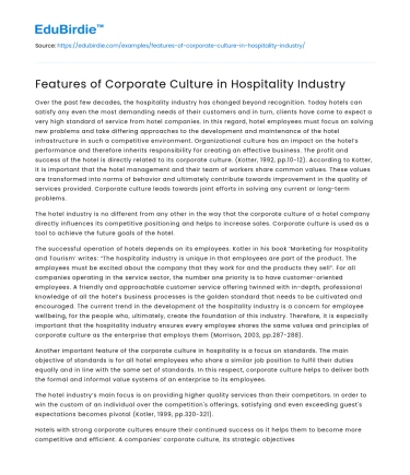Features of Corporate Culture in Hospitality Industry