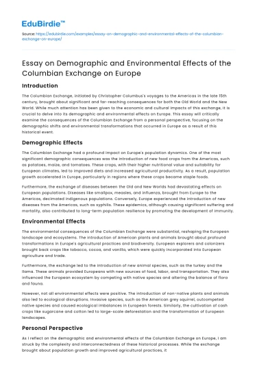 Impact of Columbian Exchange on Europe’s Demographics & Environment