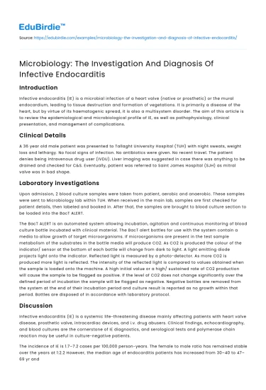 Microbiology: The Investigation And Diagnosis Of Infective Endocarditis