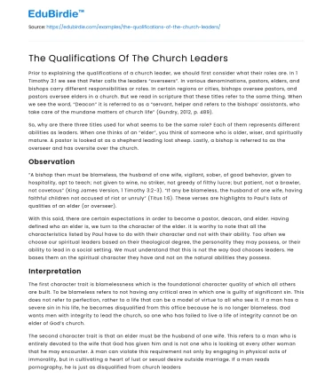 The Qualifications Of The Church Leaders