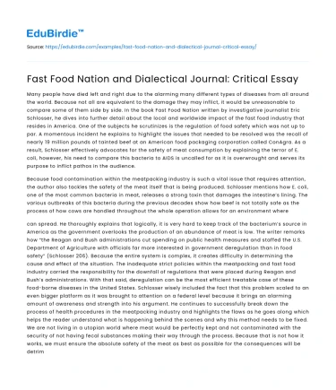 Fast Food Nation and Dialectical Journal: Critical Essay