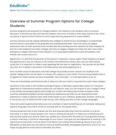 Diverse Summer Opportunities for College Students