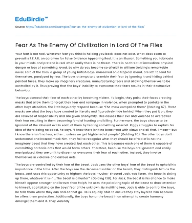 Fear As The Enemy Of Civilization In Lord Of The Flies