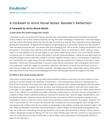 A Farewell to Arms Novel Notes: Reader’s Reflection