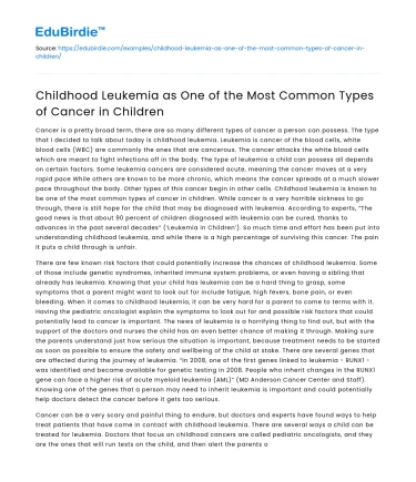 Childhood Leukemia as One of the Most Common Types of Cancer in Children