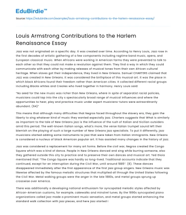 Louis Armstrong Contributions to the Harlem Renaissance Essay