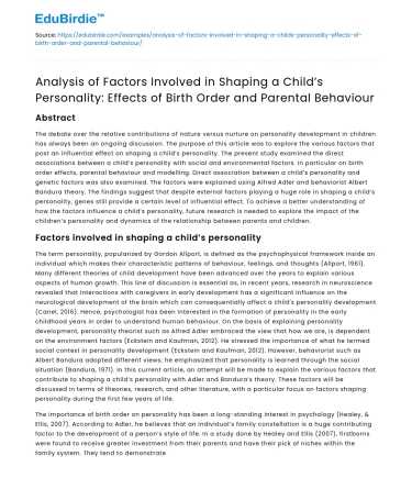 Factors shaping child’s personality: Birth order & parental behavior