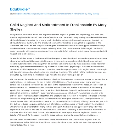 Child Neglect And Maltreatment In Frankenstein By Mary Shelley