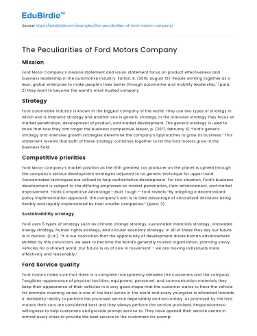 The Peculiarities of Ford Motors Company
