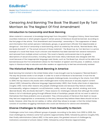 Censoring “The Bluest Eye” by Toni Morrison: Neglecting First Amendment