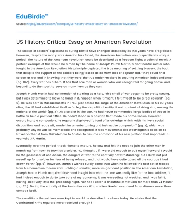 US History: Critical Essay on American Revolution