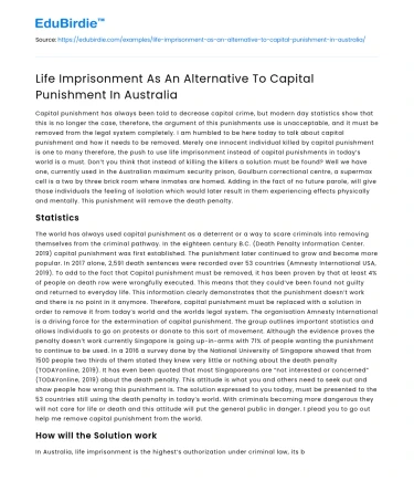 Life Imprisonment As An Alternative To Capital Punishment In Australia
