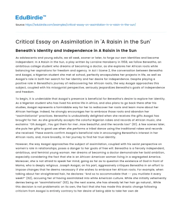 Critical Essay on Assimilation in ‘A Raisin in the Sun’