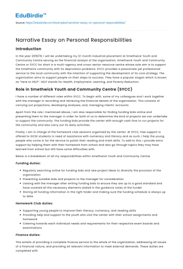 Narrative Essay on Personal Responsibilities