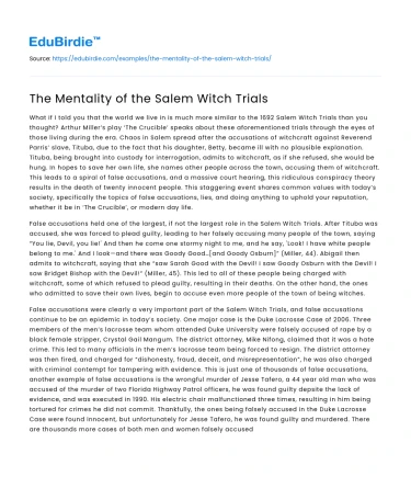 The Mentality of the Salem Witch Trials