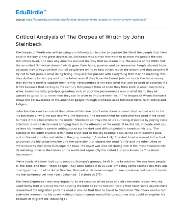 Critical Analysis of The Grapes of Wrath by John Steinbeck