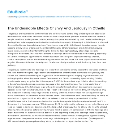 The Undesirable Effects Of Envy And Jealousy In Othello