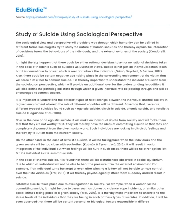Study of Suicide Using Sociological Perspective