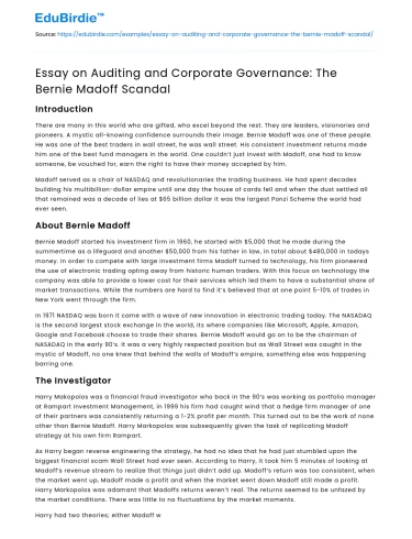 Essay on Auditing and Corporate Governance: The Bernie Madoff Scandal