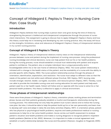 Concept of Hildegard E. Peplau’s Theory in Nursing Care Plan: Case Study