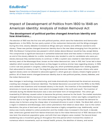 Politics and American Identity: Indian Removal Act, 1800-1848