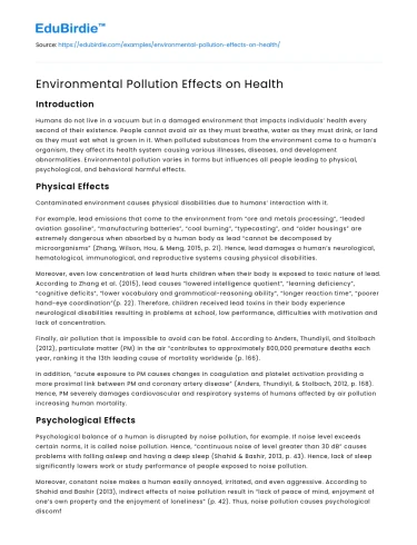 Environmental Pollution Effects on Health