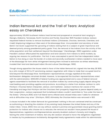 Indian Removal Act and the Trail of Tears on Cherokees