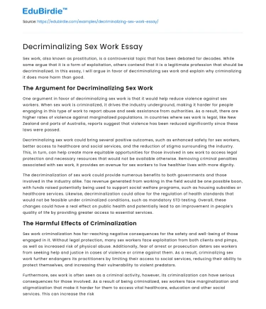 Decriminalizing Sex Work Essay