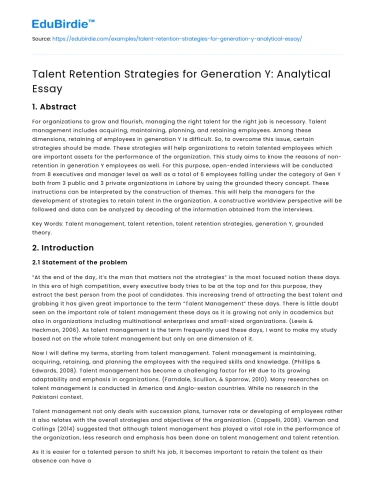 Talent Retention Strategies for Generation Y: Analytical Essay