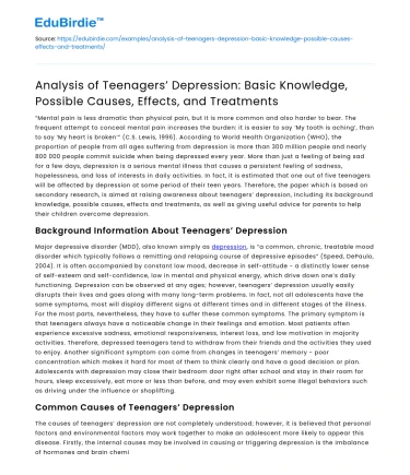 Teenagers’ Depression: Causes, Effects, Treatments