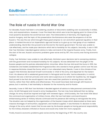 The Role of russia In World War One