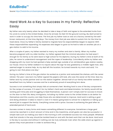 Hard Work As a Key to Success in my Family: Reflective Essay