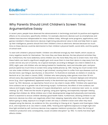 Why Parents Should Limit Children’s Screen Time: Argumentative Essay
