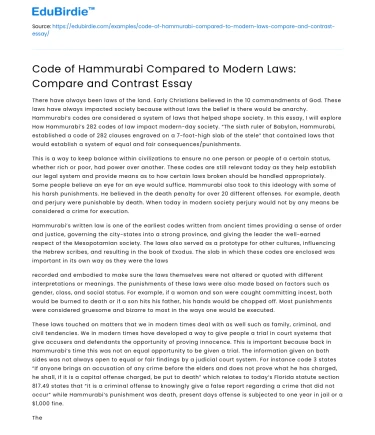 Code of Hammurabi Compared to Modern Laws: Compare and Contrast Essay