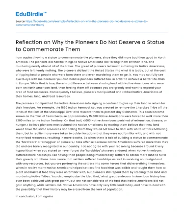 Reflection on Why the Pioneers Do Not Deserve a Statue to Commemorate Them