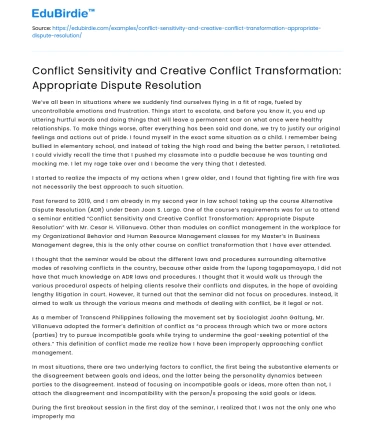 Conflict Sensitivity and Creative Transformation in Dispute Resolution