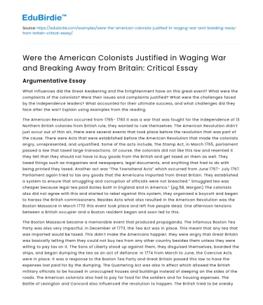 American Colonists’ Justification for Waging War