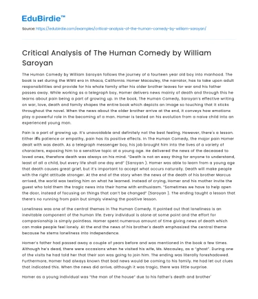 Critical Analysis of The Human Comedy by William Saroyan