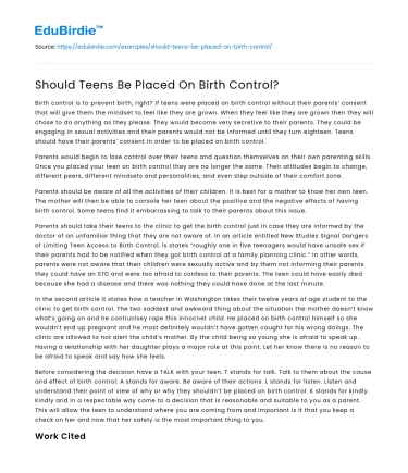 Should Teens Be Placed On Birth Control?