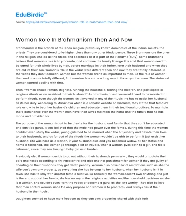 Woman Role In Brahmanism Then And Now