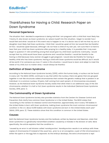 Thankfulness for Having a Child: Research Paper on Down Syndrome