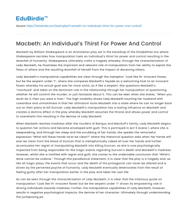 Macbeth: An Individual’s Thirst For Power And Control